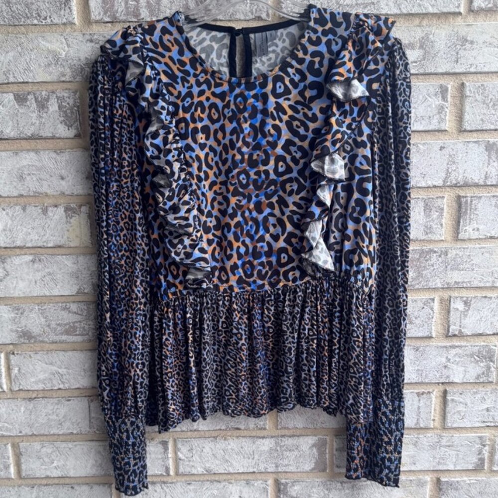 Blank London Long Sleeve Ruffle Leopard Print Blouse Women's Size S